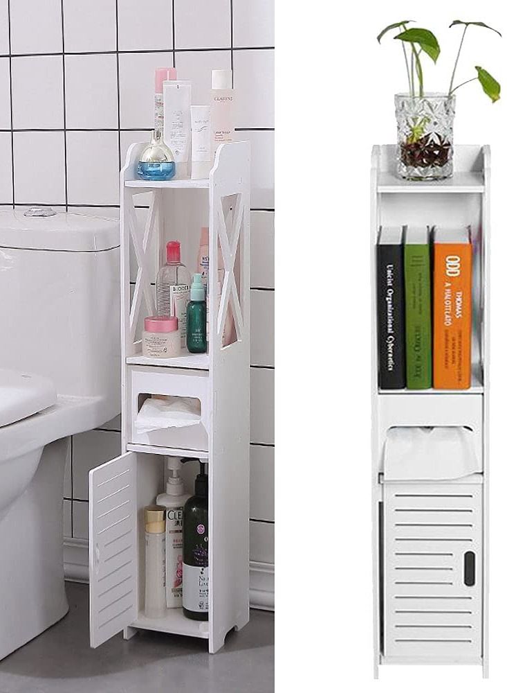 DubaiGallery Bathroom Storage Floor Cabinet，4- Tier Toilet Corner Floor Rack Chest with Doors, Narrow Slim Bathroom Organizer Shelves with Removable Garbage Can for Toilet Paper Holder - Image 2