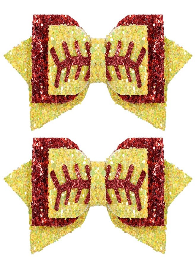 Miroksh 2pc Glitter Softball Hair Bows 4" Sparkling Yellow Red Sequins Alligator Clips for Toddler Teens Baby Girls Cheerleader Fans Game Day Party Dress Decor Accessory Gift - Image 1
