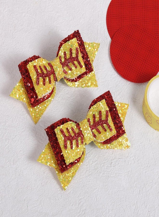 Miroksh 2pc Glitter Softball Hair Bows 4" Sparkling Yellow Red Sequins Alligator Clips for Toddler Teens Baby Girls Cheerleader Fans Game Day Party Dress Decor Accessory Gift - Image 2
