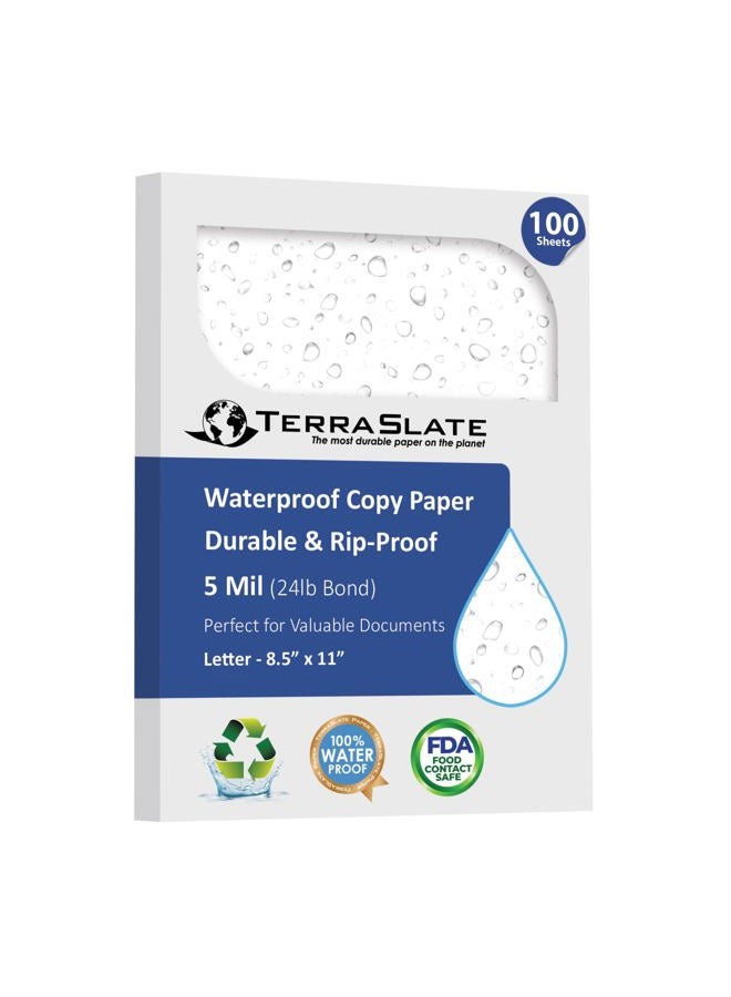 TerraSlate Premium Waterproof Paper, 5 MIL 8.5” x 11”, Laser Printer & Copy Machine Compatible, Durable & Rain/Weather-Proof Copy Paper, White Paper (100 Sheets) - Image 1