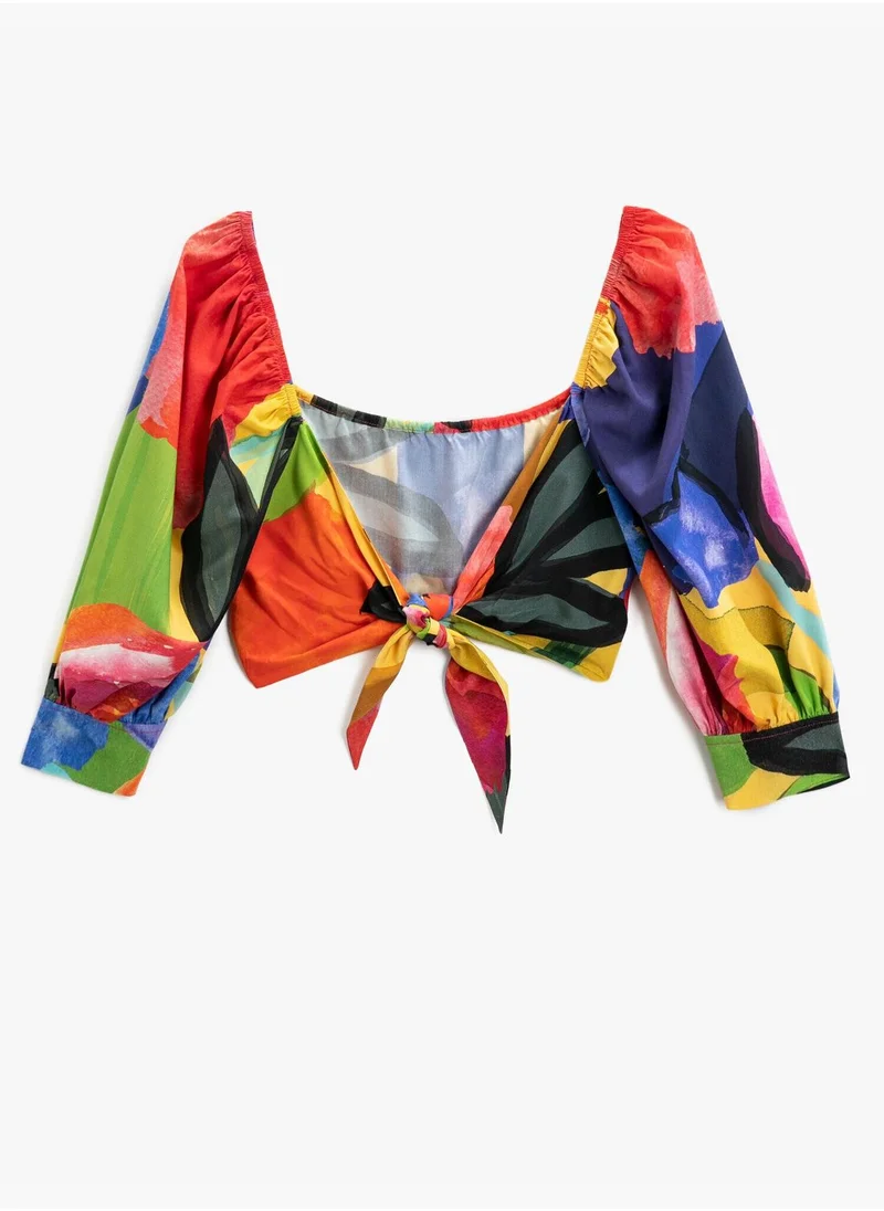 KOTON Balloon Sleeve Crop Blouse Front Tie Patterned