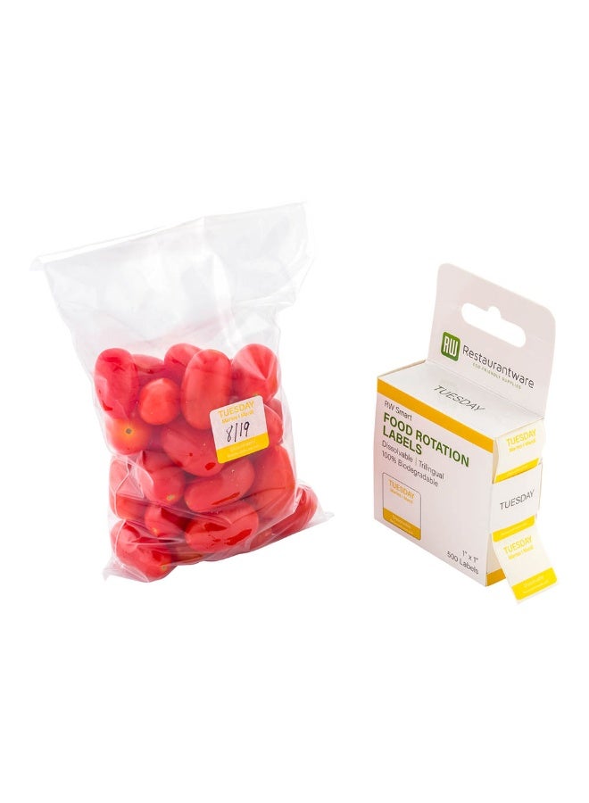 Restaurantware RW Smart 1 Inch x 1 Inch Food Rotation Labels, 500 Dissolvable Food Safety Labels - Premium Trilingual, Yellow Paper Day Of The Week Labels, For Food Storage Or Prep, Tuesday - Image 1