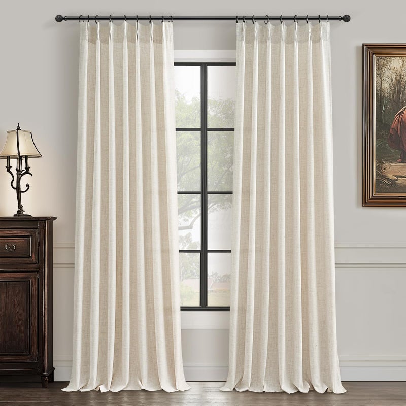 PleatedDrapes 102 Inch Long Curtains for Living Room, Light Filtering Privacy Pinch Pleated Curtain Back Tab for Track System Semi Sheer Drapes Cream Ivory Faux Linen Textured 40" W x 102" L 2 Panels - Image 1