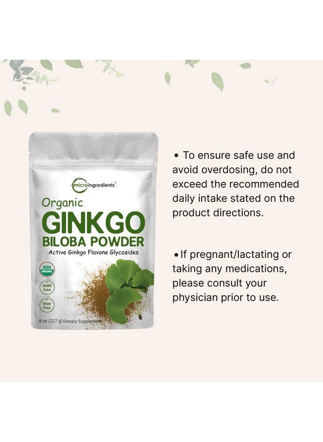 Micro Ingredients - Raw Organic Ginkgo Biloba Powder, 8 Ounce (18 Months Supply), Filler Free, Supports Brain Function and Mental Alertness, No GMOs and Vegan Friendly - Image 1