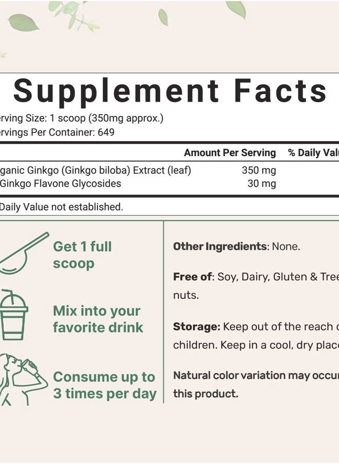 Micro Ingredients - Raw Organic Ginkgo Biloba Powder, 8 Ounce (18 Months Supply), Filler Free, Supports Brain Function and Mental Alertness, No GMOs and Vegan Friendly - Image 1