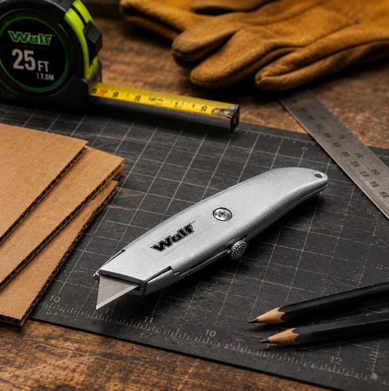 WULF Heavy Duty Retractable Utility Knife Professional Metal Body Box Cutter with Extra Replacement Blade, Ergonomic Grip for Right & Left Hand Use, DIY Craft, Carton, Packaging & Warehouse Cutting Tool - Image 4