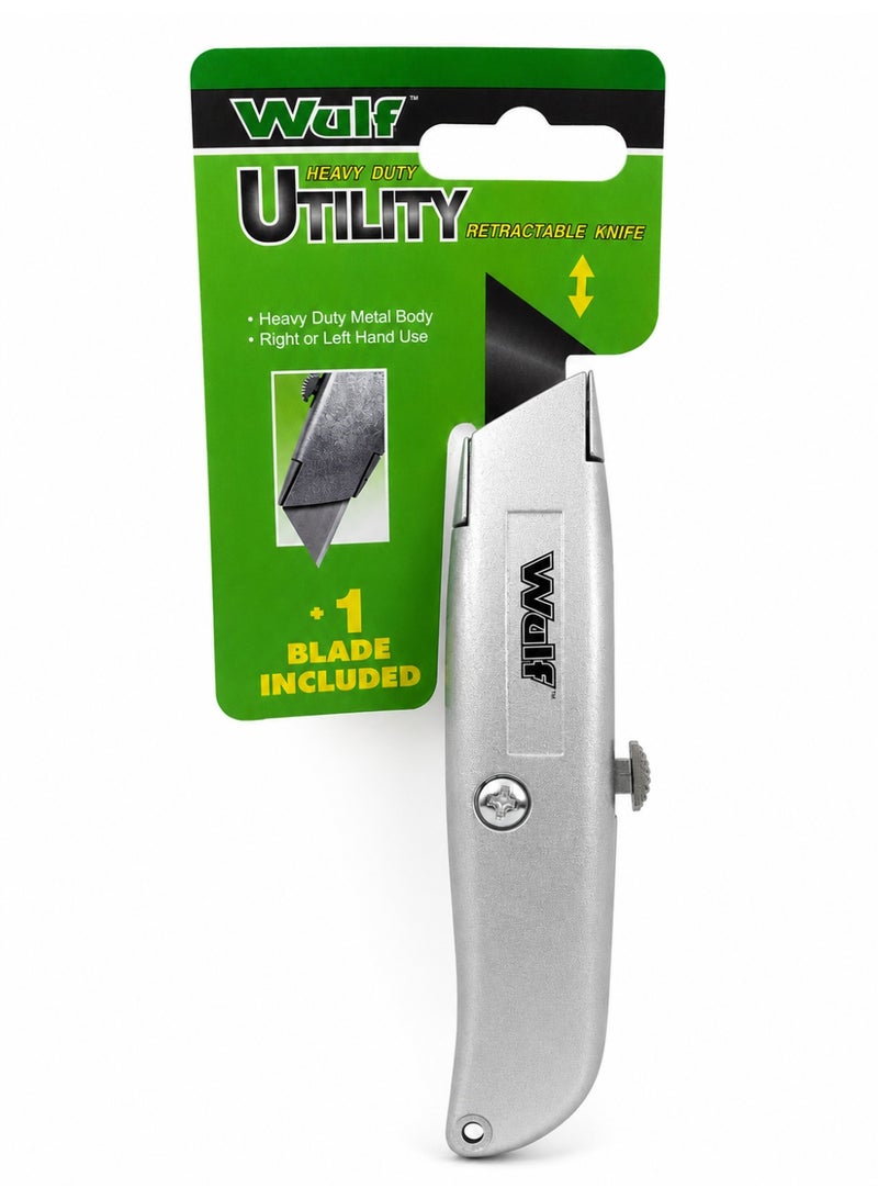 WULF Heavy Duty Retractable Utility Knife Professional Metal Body Box Cutter with Extra Replacement Blade, Ergonomic Grip for Right & Left Hand Use, DIY Craft, Carton, Packaging & Warehouse Cutting Tool - Image 1