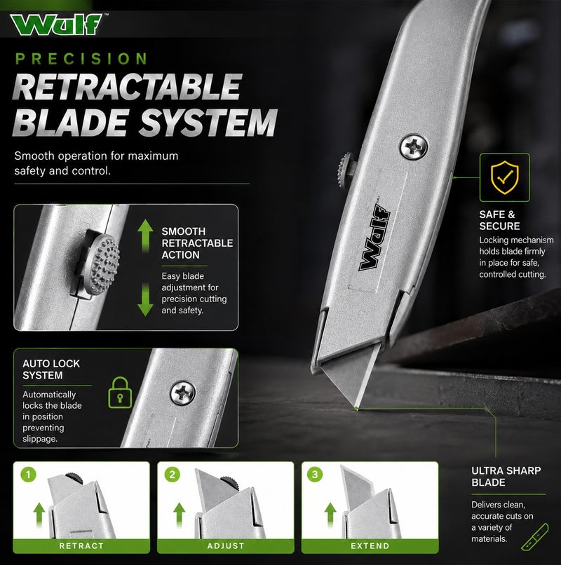 WULF Heavy Duty Retractable Utility Knife Professional Metal Body Box Cutter with Extra Replacement Blade, Ergonomic Grip for Right & Left Hand Use, DIY Craft, Carton, Packaging & Warehouse Cutting Tool - Image 3