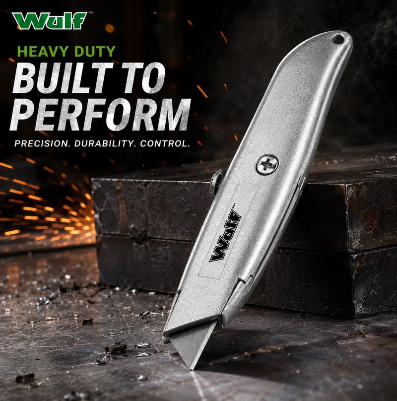 WULF Heavy Duty Retractable Utility Knife Professional Metal Body Box Cutter with Extra Replacement Blade, Ergonomic Grip for Right & Left Hand Use, DIY Craft, Carton, Packaging & Warehouse Cutting Tool - Image 5