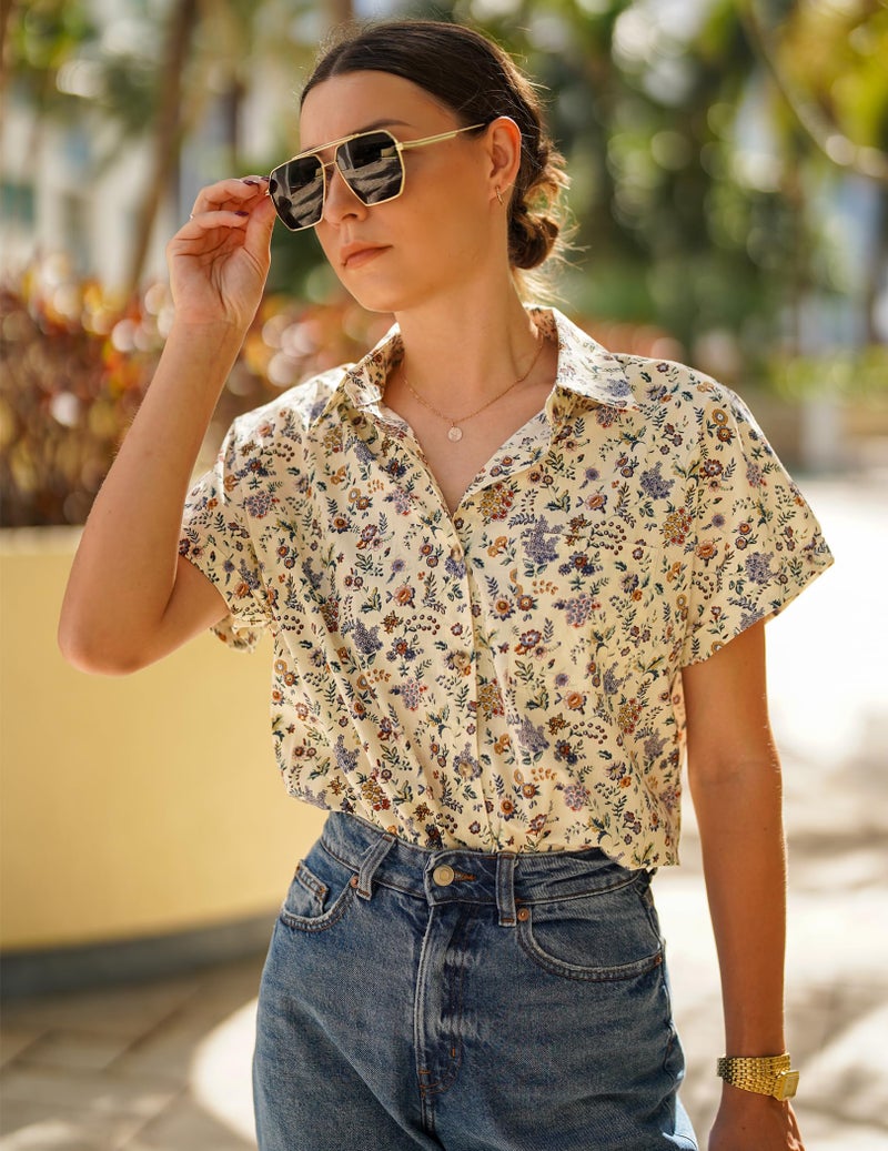 HOTOUCH Hawaiian Shirts Women Floral Printed Collared Short Sleeve Button Down Blouse Hawaii Button-up Beach Shirt XL - Image 2