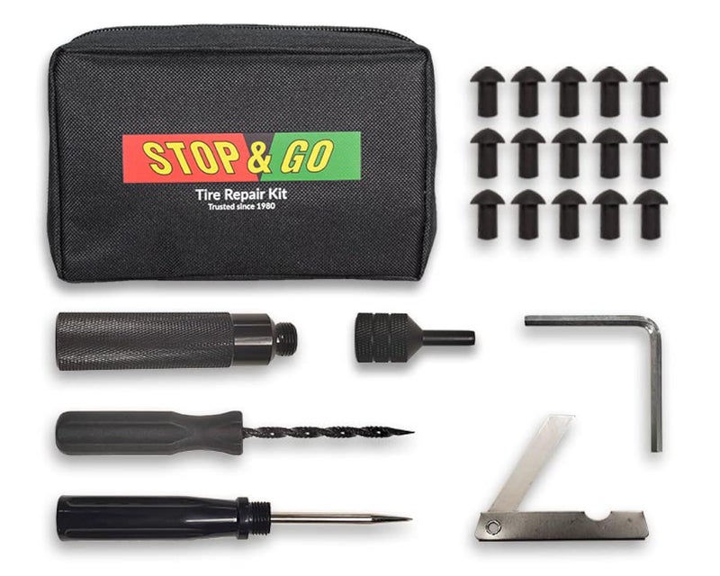 Stop & Go مجموعة إصلاح إطارات بدون أنبوب من ستوب آند غو 1000 مكونة من 22 قطعة لإصلاح الثقوب والفراغات في السيارات والدراجات النارية والدراجات الرباعية والسيارات الجيب والشاحنات والجرارات (15 سدادة فطرية) - Image 1