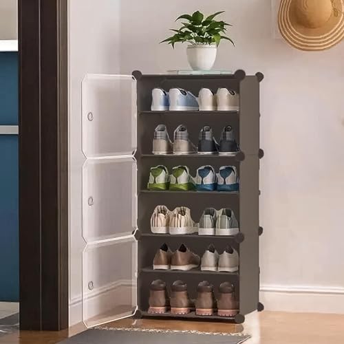 KEEKOS Portable Shoe Rack for Home Plastic with Door,Adjustable Plastic Shoe Rack for Bedroom/Outdoor Waterproof, Shoe Storage Organizer,with Shelves Kitchen Runner Rug (Light Grey, 6-Layer) - Image 1