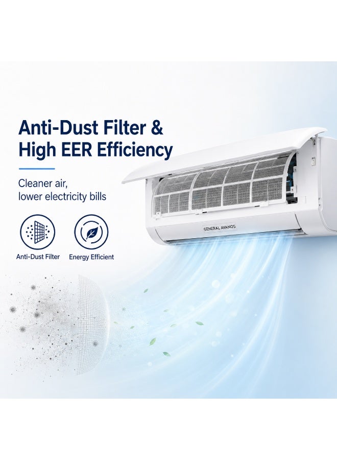 General Avanos AVACS12K054 Split Air Conditioner, 1 Ton, 12000 BTU, Rotary Compressor, Turbo Cooling, Sleep Mode, Remote Control, White - Image 5