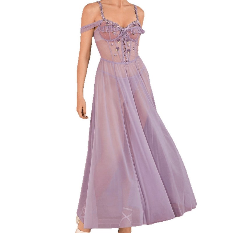 New Sexy Lace Mesh Nightdress Set in Light Purple - Image 5
