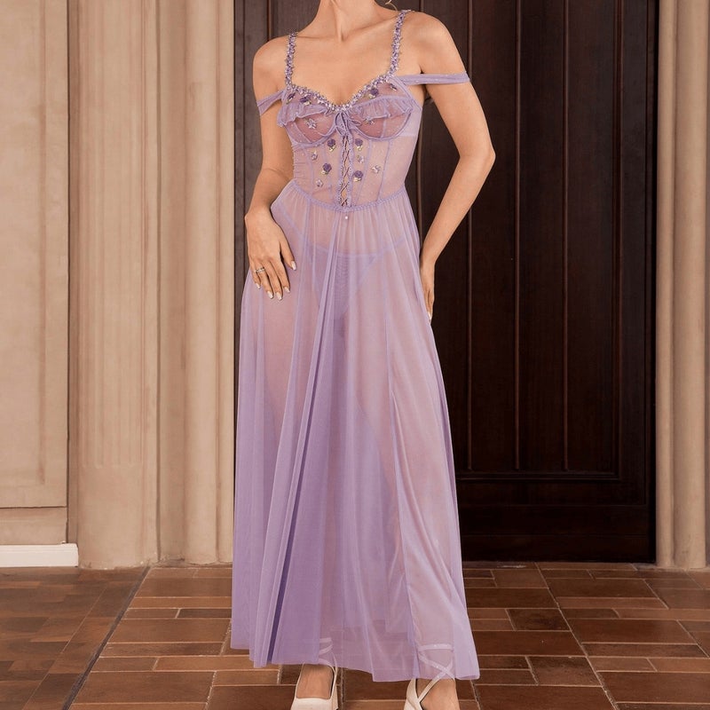 New Sexy Lace Mesh Nightdress Set in Light Purple - Image 4