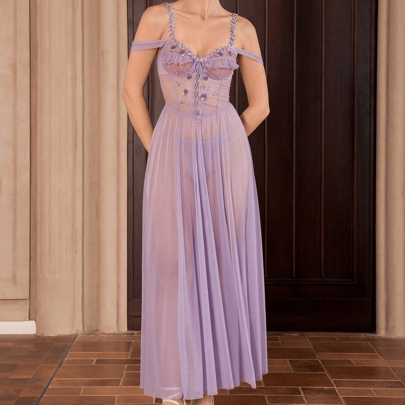 New Sexy Lace Mesh Nightdress Set in Light Purple - Image 1