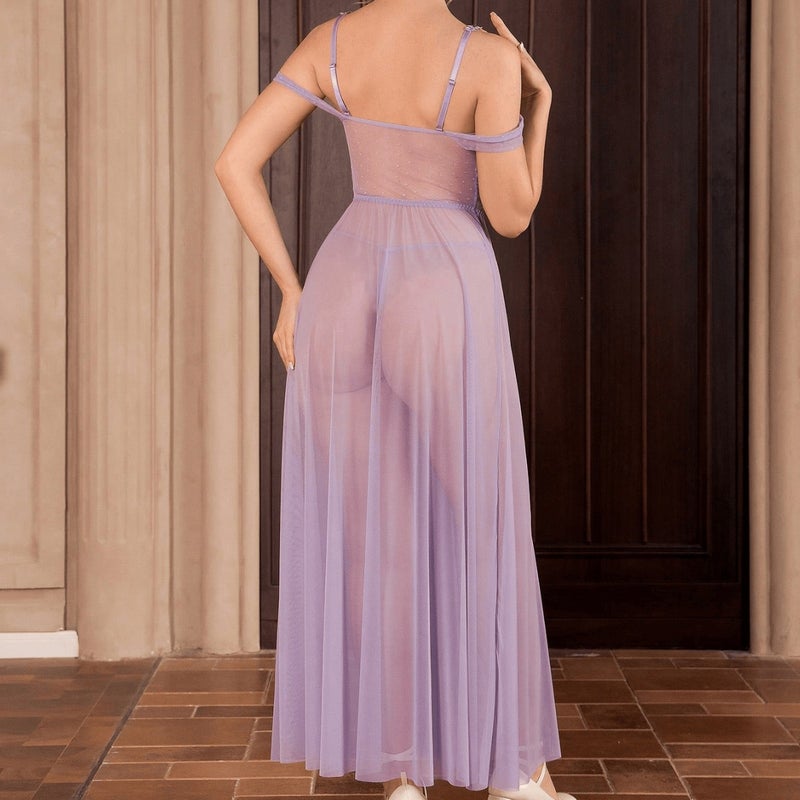 New Sexy Lace Mesh Nightdress Set in Light Purple - Image 2