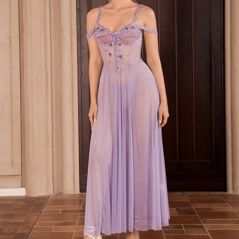 New Sexy Lace Mesh Nightdress Set in Light Purple - Image 3