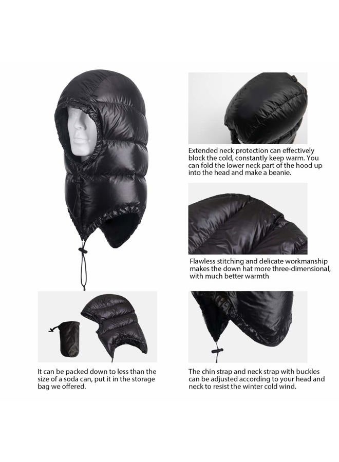 Tapasimme Winter Warm Down Cap Ultralight Windproof Sleeping Bag Outdoor Camping Waterproof Down Hood Hat with Compression Storage Bag (Dark Black) - Image 4