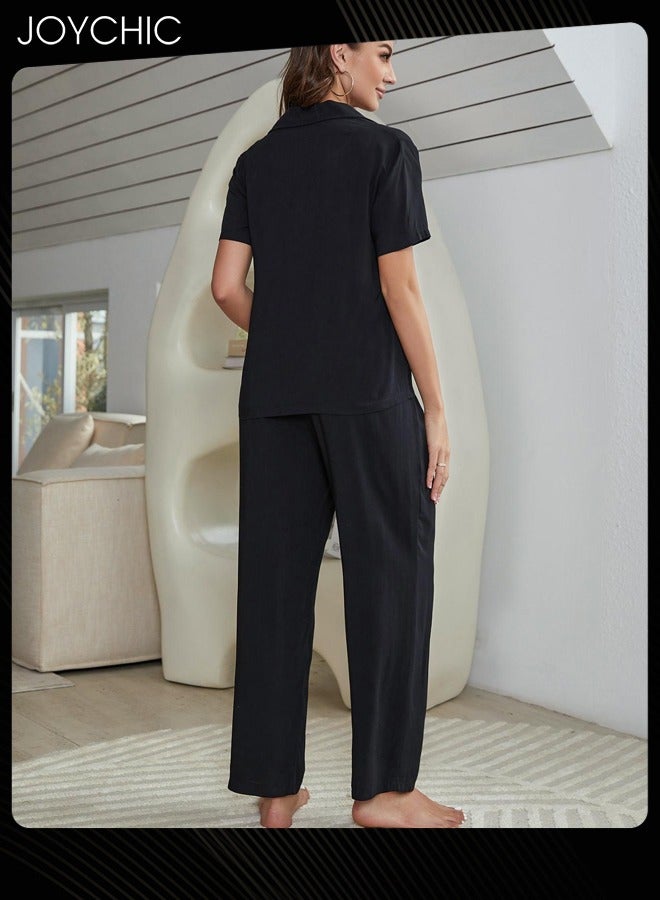 Joychic 3-piece Solid Color Spring and Summer Autumn Pajamas Cotton Comfotable Loose Women Nightgown Casual Shirt Collar Short-sleeved Long Home Clothes Loungewear with Pockets - Image 2
