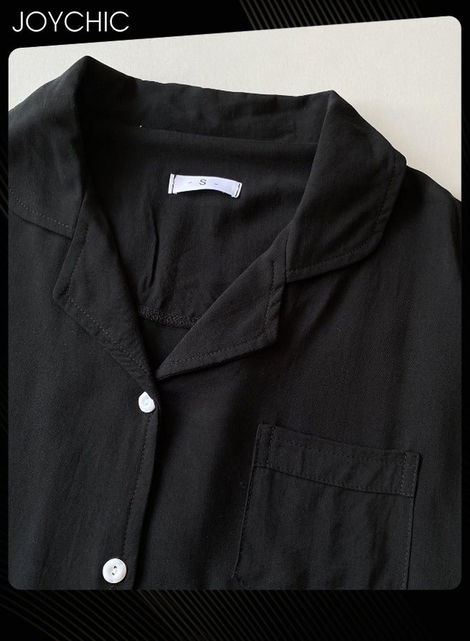 Joychic 3-piece Solid Color Spring and Summer Autumn Pajamas Cotton Comfotable Loose Women Nightgown Casual Shirt Collar Short-sleeved Long Home Clothes Loungewear with Pockets - Image 3