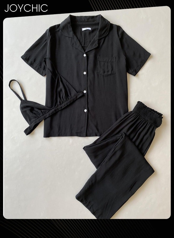 Joychic 3-piece Solid Color Spring and Summer Autumn Pajamas Cotton Comfotable Loose Women Nightgown Casual Shirt Collar Short-sleeved Long Home Clothes Loungewear with Pockets - Image 4