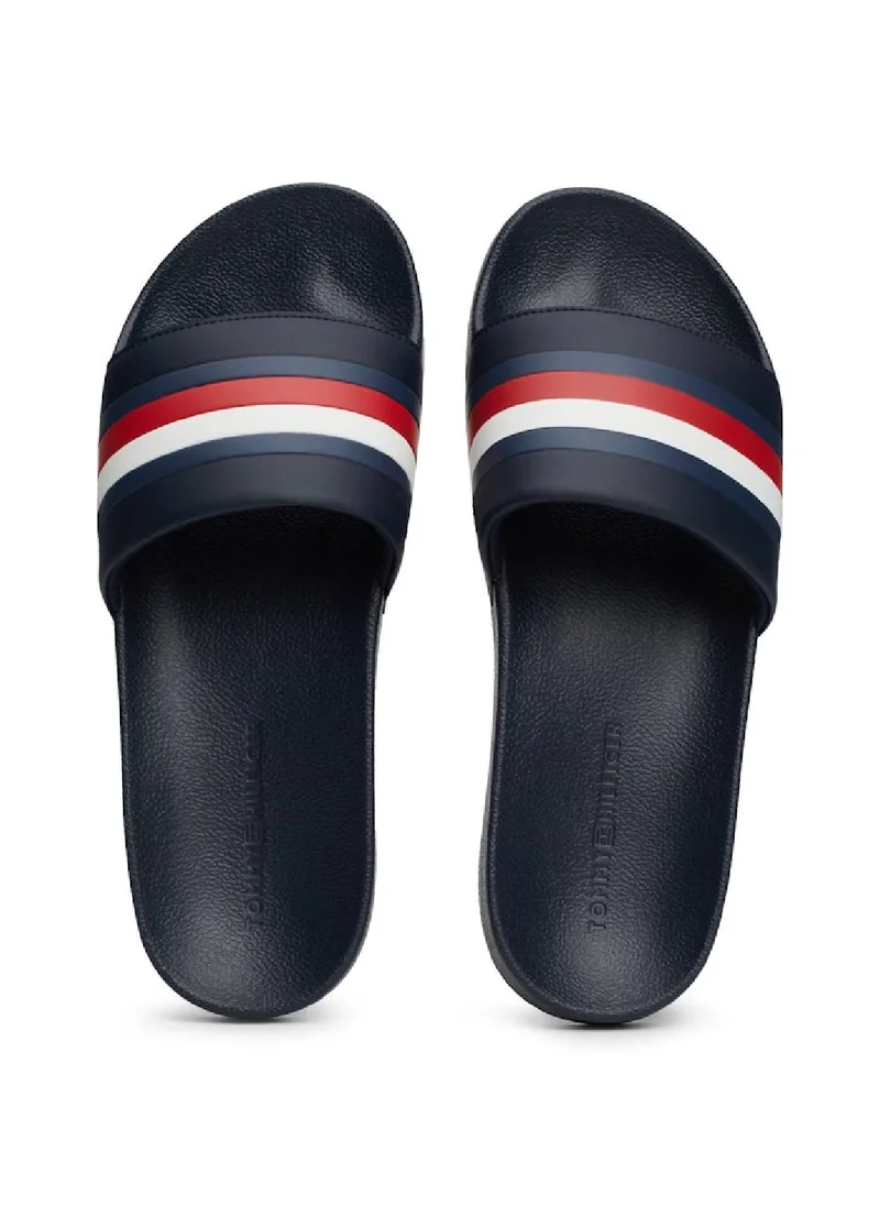 TOMMY HILFIGER Men's Signature Tape Pool Slides, Blue - faux leather