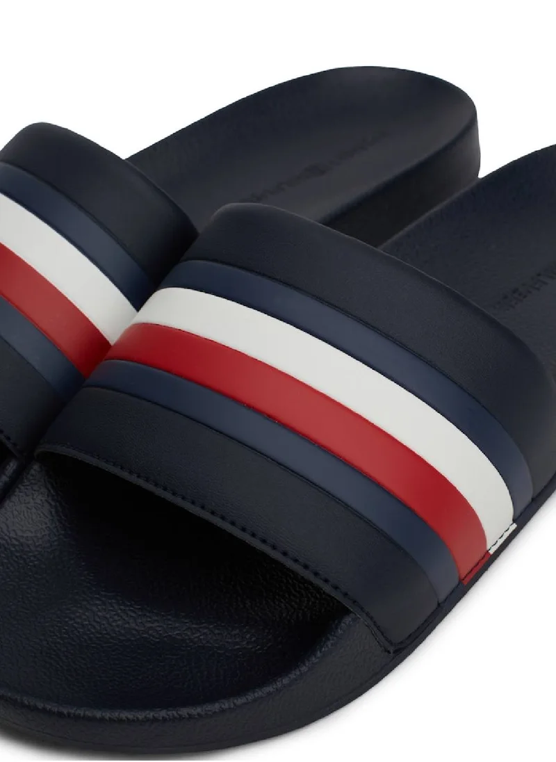 TOMMY HILFIGER Men's Signature Tape Pool Slides, Blue - faux leather