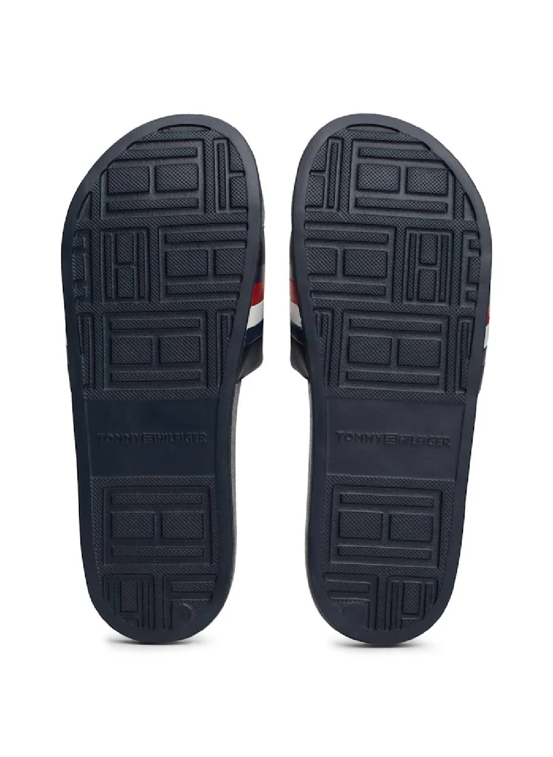 TOMMY HILFIGER Men's Signature Tape Pool Slides, Blue - faux leather