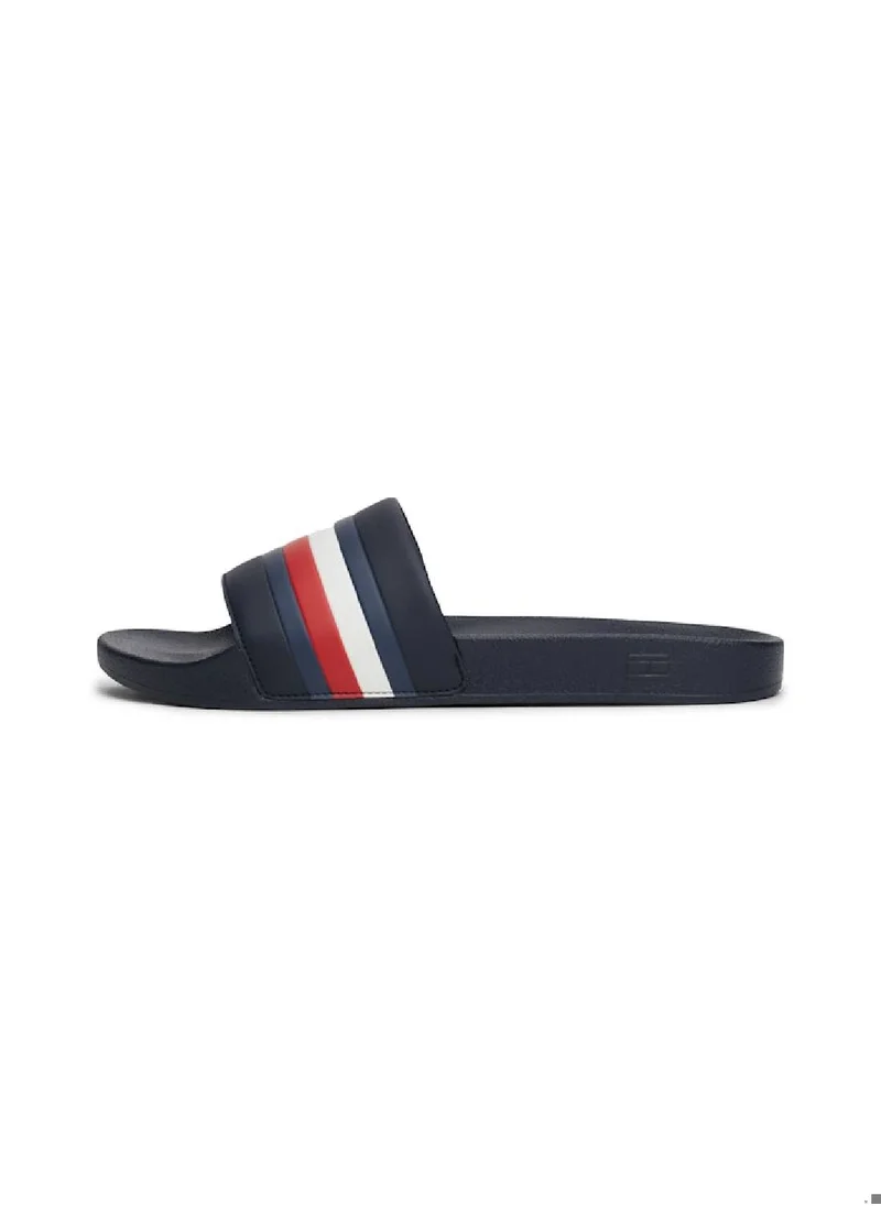 TOMMY HILFIGER Men's Signature Tape Pool Slides, Blue - faux leather