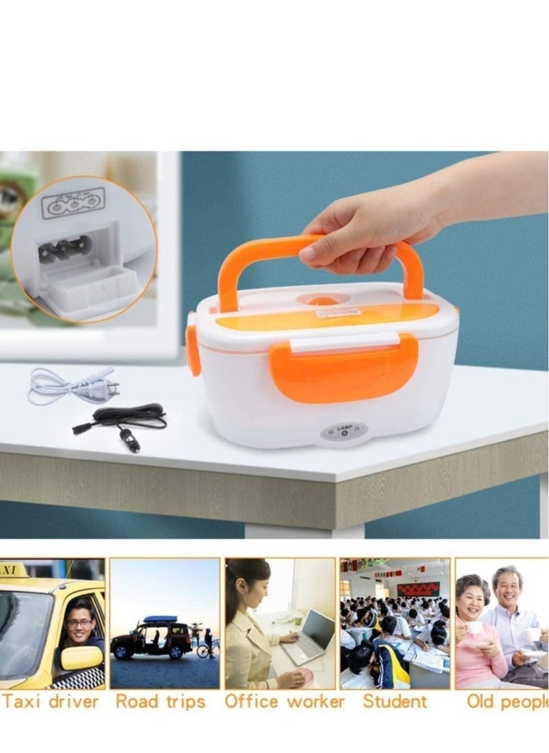 صندوق غداء كهربائي 2 في 1 - سخان طعام محمول مع محول 12V/110V، حاوية آمنة للطعام، تشمل ملعقة و2 قسم، مثالي للسيارة، الشاحنة، المنزل، والعمل (برتقالي) - Image 3