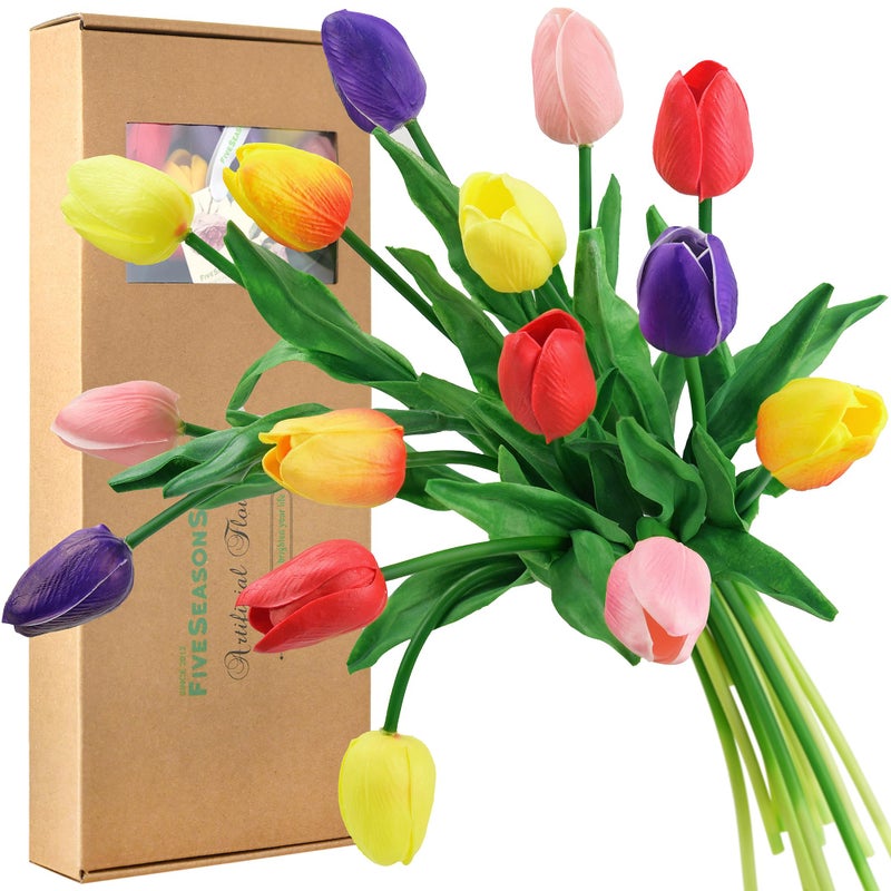 Real Touch Tulips Artificial Flowers  15 Stems Faux Tulip Bouquet in Gift Box for Wedding Home Decor Party Floral Arrangements Rainbow Colors