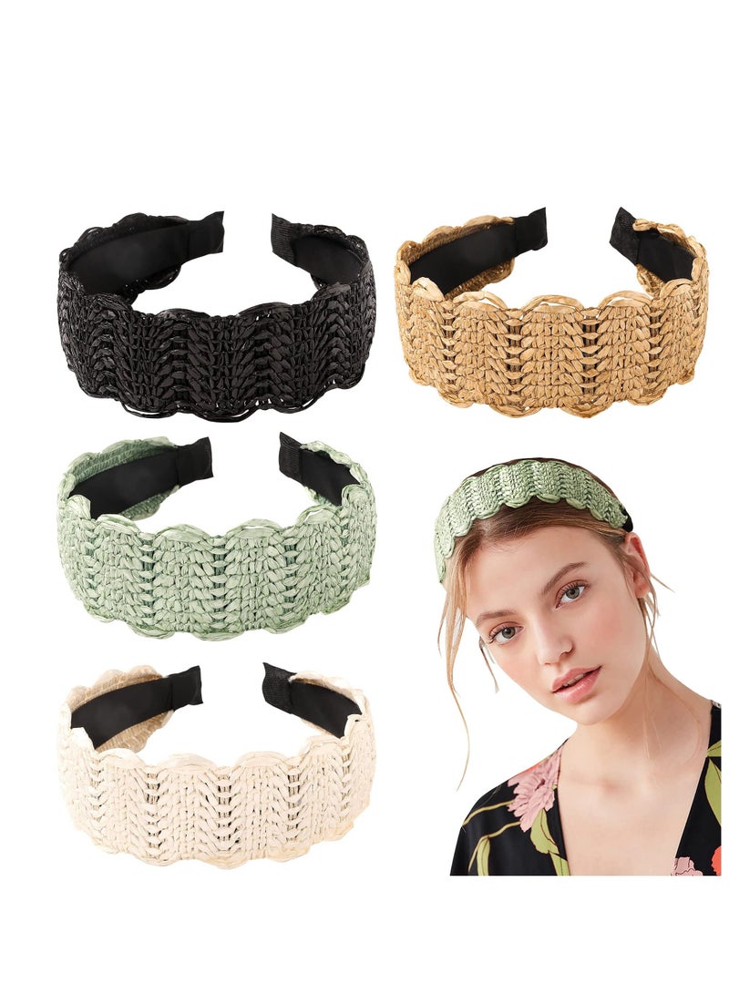 SYOSI عصابات رأس، مجموعة من 4 عصابات شعر نسائية، عصابات رأس صيفية من القش، عصابات شعر عريضة لطيفة للفتيات من الرافيا المنسوجة - Image 1
