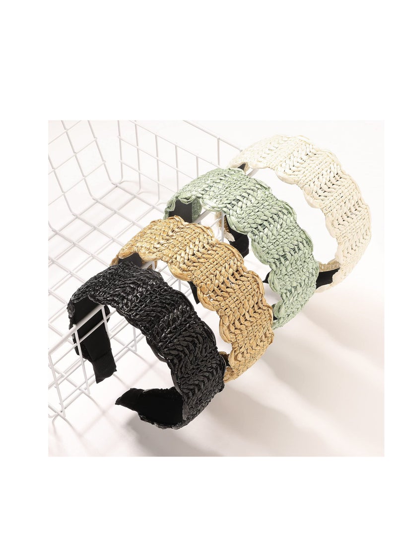 SYOSI عصابات رأس، مجموعة من 4 عصابات شعر نسائية، عصابات رأس صيفية من القش، عصابات شعر عريضة لطيفة للفتيات من الرافيا المنسوجة - Image 2