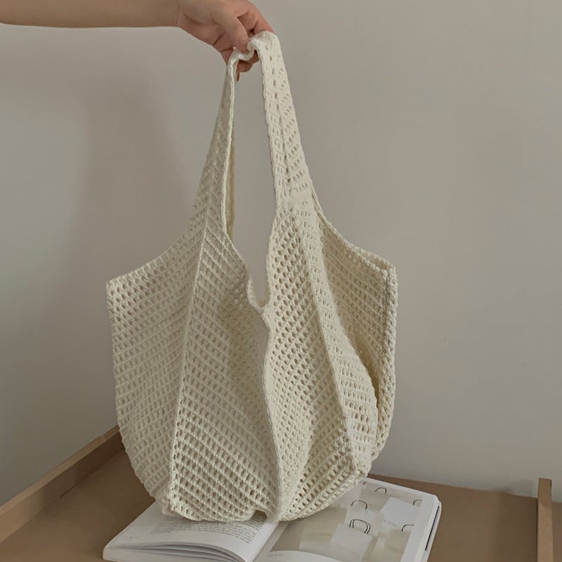 Korean Vintage Woven Shoulder Tote Bag Apricot 