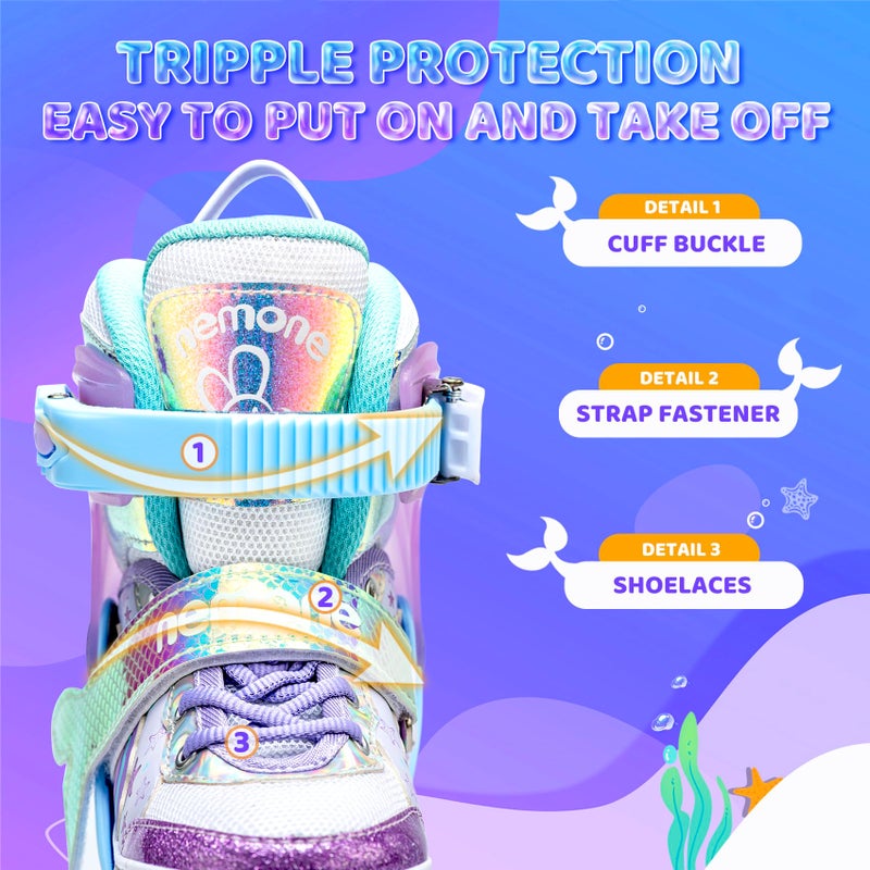 NEMONE Mermaid 4 Size Adjustable Light up Roller Skates for Girls, Blue Purple Skates for Toddlers, Beginner Kids Roller Skates Indoor Outdoor (Blue M) - Image 5