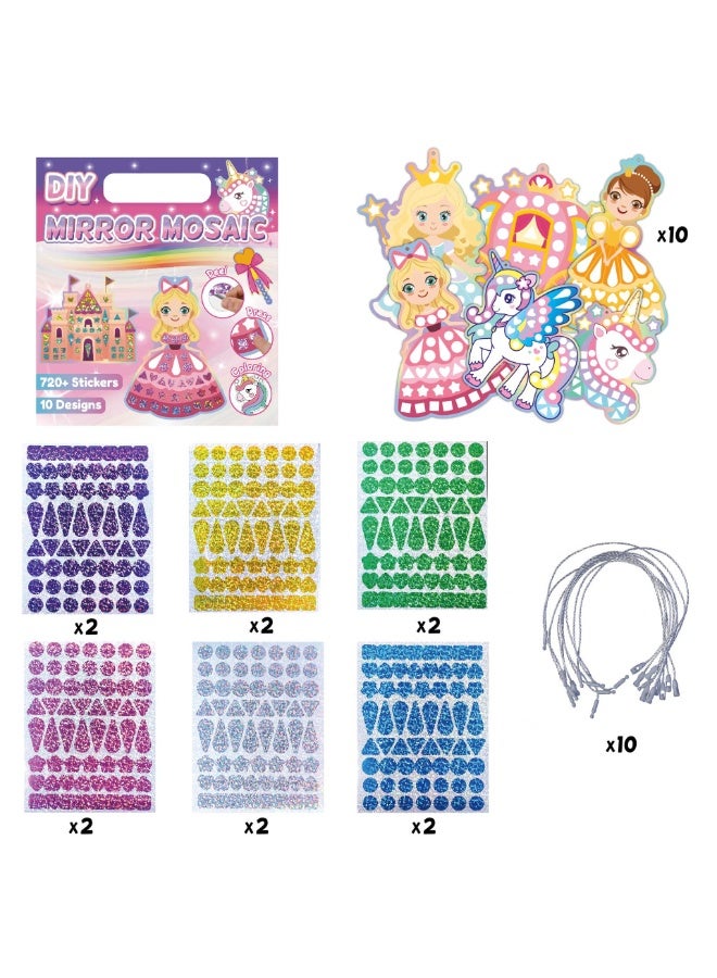 Capstro Mirror Mosaic Sticker Art Kit – Princess Theme | 10 Pattern Cards, 12 Laser Mirror Stickers & 10 Lanyards | DIY Shiny Mosaic Craft for Kids Age 4+ | Creative Glitter Art Gift for Girls & Boys - Image 2