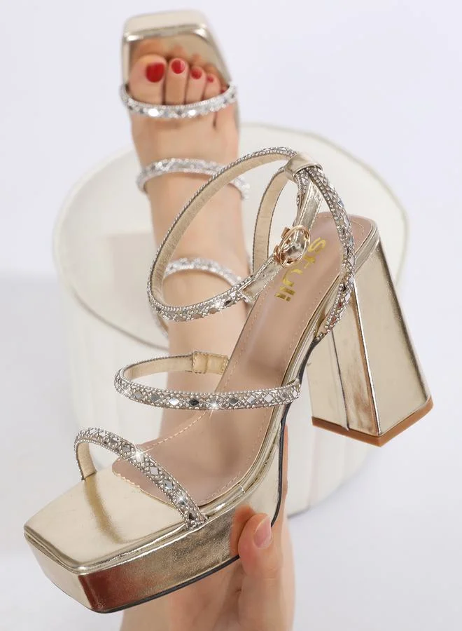 Styli Embellished Ankle Strap Platform Heel Sandals