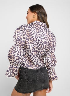 Ginger Leopard Print Tie Up Puff Sleeves Blouse  - Image 2