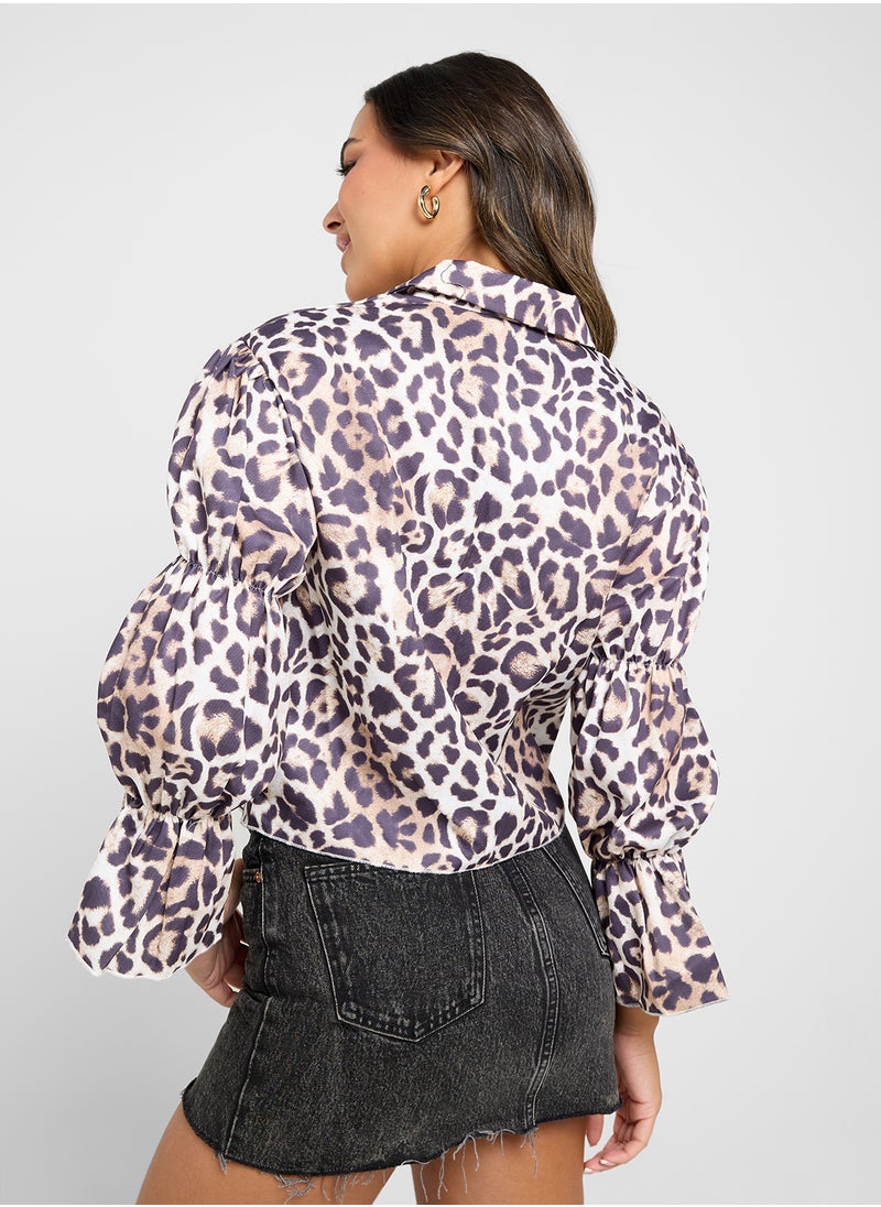 Ginger - Leopard Print Tie Up Puff Sleeves Blouse - Image 1