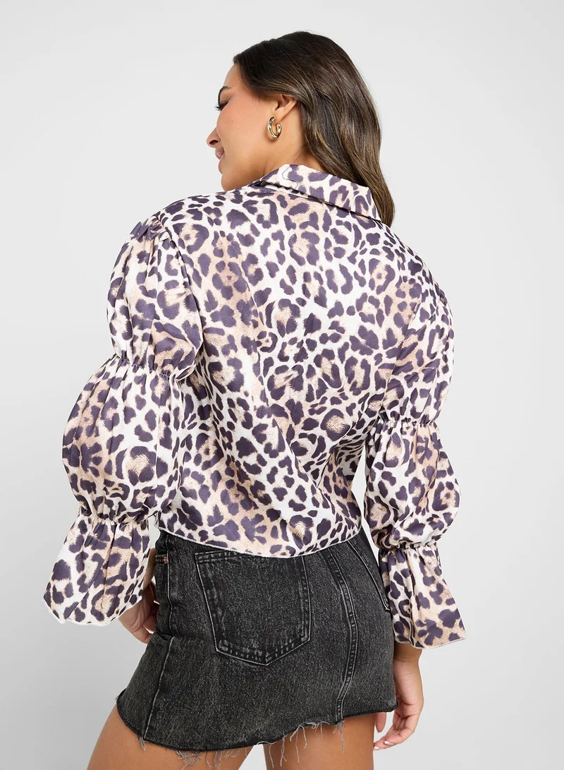 جينجر بلوزة بأكمام منفوشة وطبعة جلد الفهد برباط