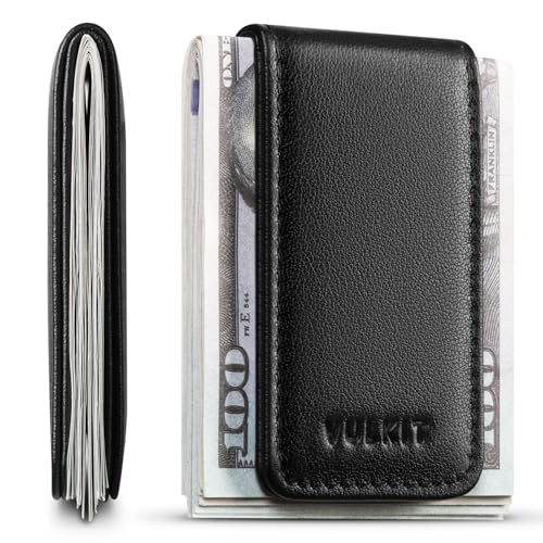 VULKIT Magnetic Money Clip Top Grain Leather Cash Holder Minimalist Design Holds Up to 15 Cash - Image 1