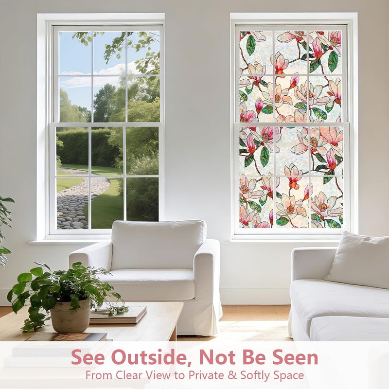 Kromapolis Window Privacy Film, Stained Glass Sticker Floral Window Clings, Decorative Static Clings UV Blocking Colorful Decals, Removable Vinyl Covering Rainbow Magnolia Flowers, 17.5'' x 78.7'' - Image 4