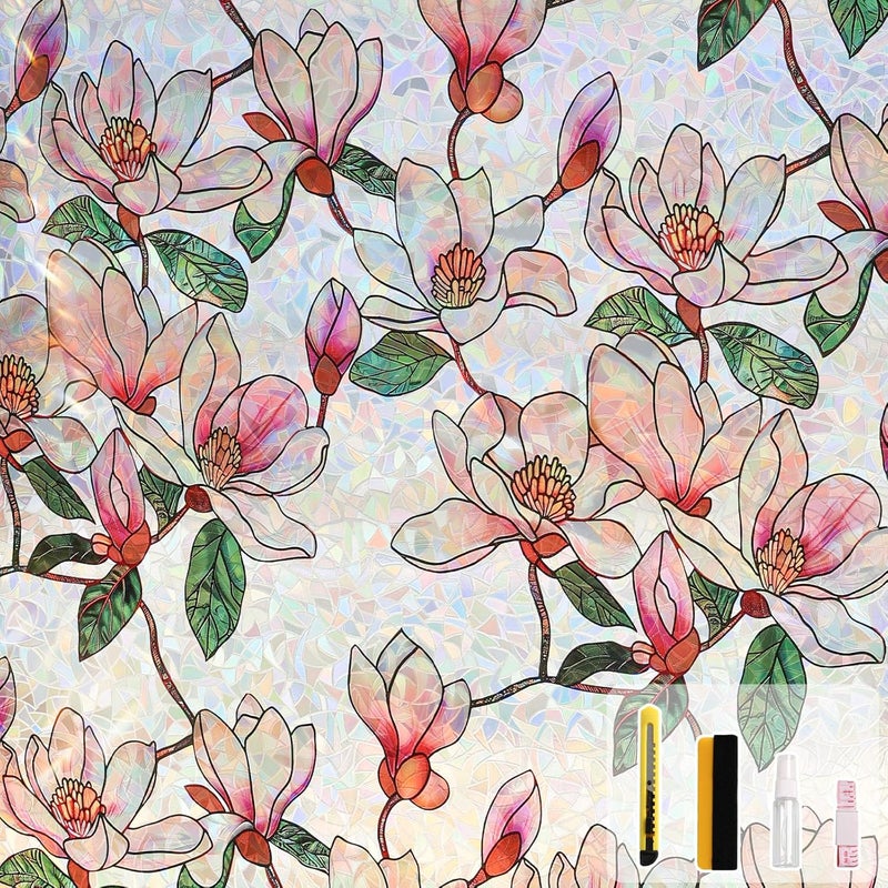 Kromapolis Window Privacy Film, Stained Glass Sticker Floral Window Clings, Decorative Static Clings UV Blocking Colorful Decals, Removable Vinyl Covering Rainbow Magnolia Flowers, 17.5'' x 78.7'' - Image 1