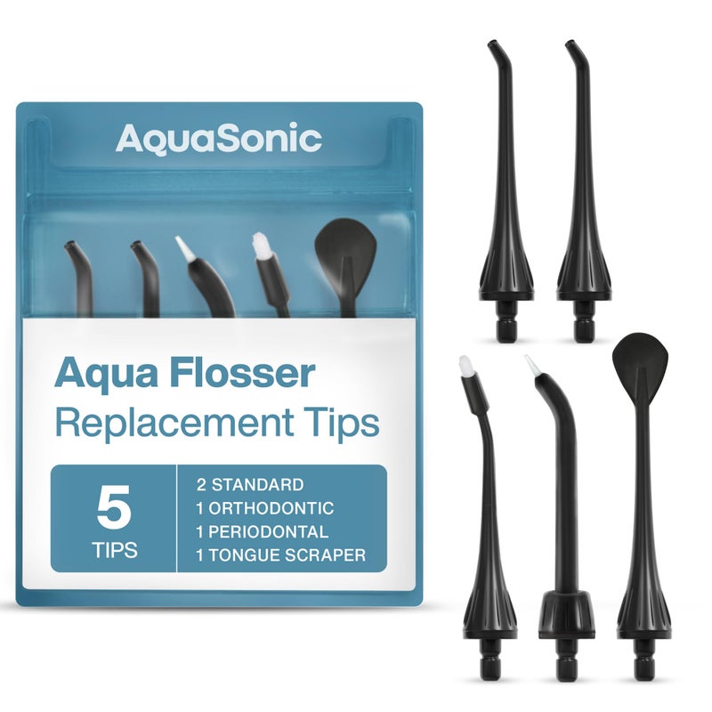 AquaSonic Aqua Flosser Replacement Tips 5 Tips 4 Types Standard Periodontal Orthodontic Tongue Scraper Genuine Authentic Parts Black