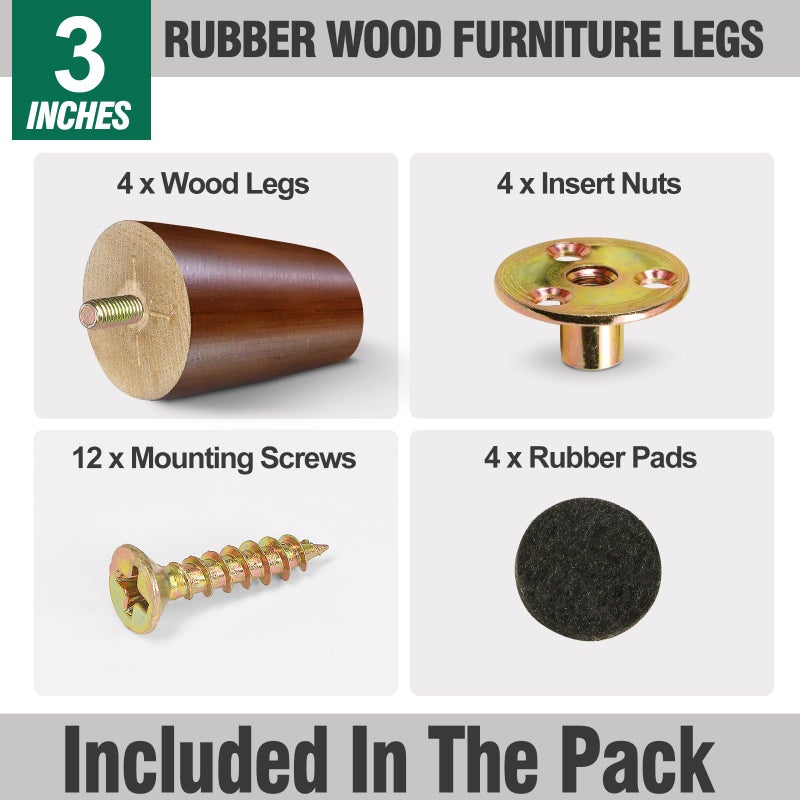 FoDau770 Brown Rubber Wood Furniture Legs 3 Inches, Slant Tapered Wood Feet Mid Century Sofa Legs Set of 4, 5/16"" UNC Furniture Feet Replacement Parts for Cabinet Couch Dresser Chair Ottoman Table - Image 2