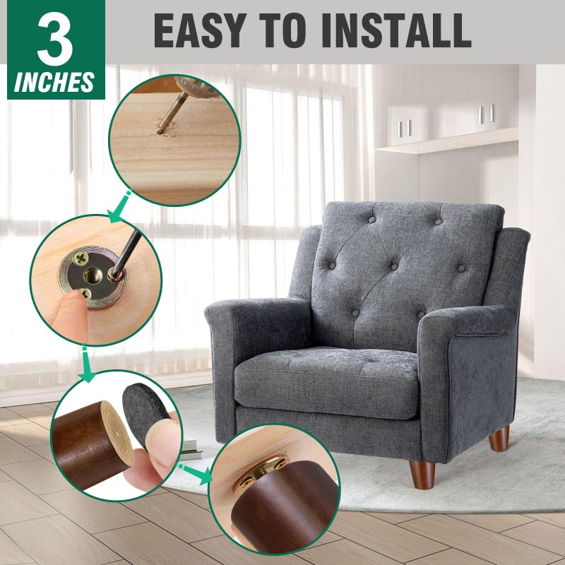 FoDau770 Brown Rubber Wood Furniture Legs 3 Inches, Slant Tapered Wood Feet Mid Century Sofa Legs Set of 4, 5/16"" UNC Furniture Feet Replacement Parts for Cabinet Couch Dresser Chair Ottoman Table - Image 4