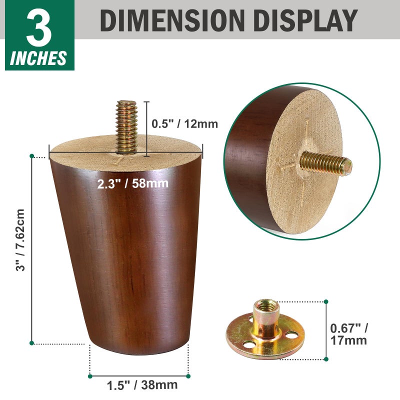 FoDau770 Brown Rubber Wood Furniture Legs 3 Inches, Slant Tapered Wood Feet Mid Century Sofa Legs Set of 4, 5/16"" UNC Furniture Feet Replacement Parts for Cabinet Couch Dresser Chair Ottoman Table - Image 3