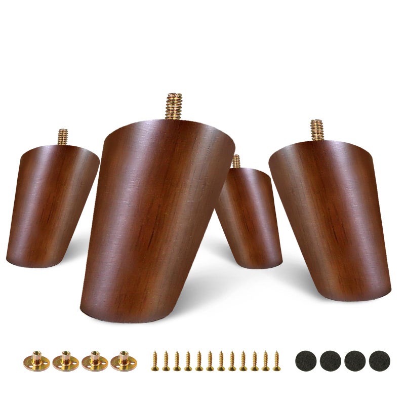 FoDau770 Brown Rubber Wood Furniture Legs 3 Inches, Slant Tapered Wood Feet Mid Century Sofa Legs Set of 4, 5/16"" UNC Furniture Feet Replacement Parts for Cabinet Couch Dresser Chair Ottoman Table - Image 1