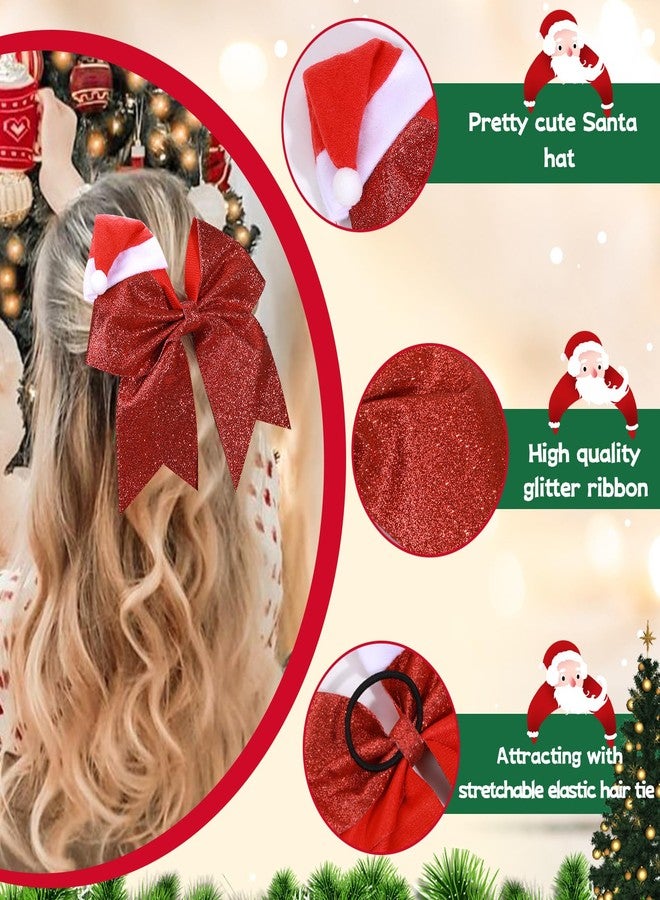 CN 4 PCS 7" Christmas Large Glitter Cheer Bows for Cheerleaders, CN Sparkly Hair Bows with Elastic Hair Ties Accessories with Christmas Santa Hat for Teens Girls Women Party (Christmas B) - Image 4
